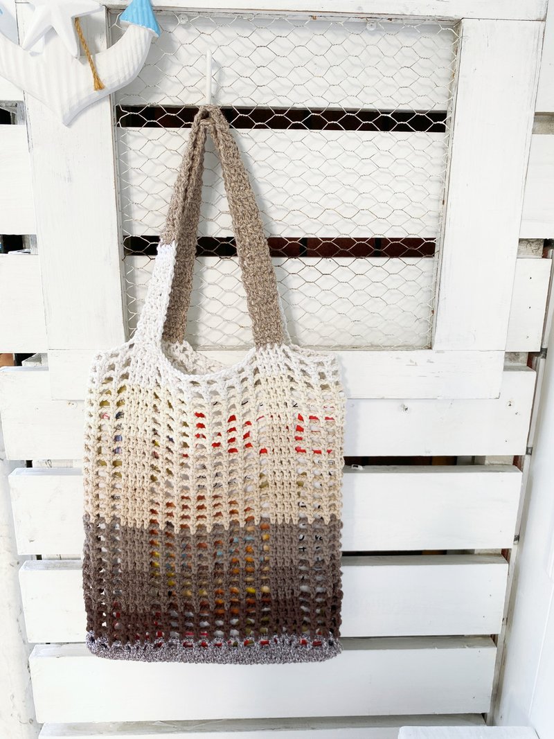 【Good Day Handmade】Handmade. Summer handmade Korean cotton thread woven gradient coffee portable side backpack - Handbags & Totes - Other Materials Brown