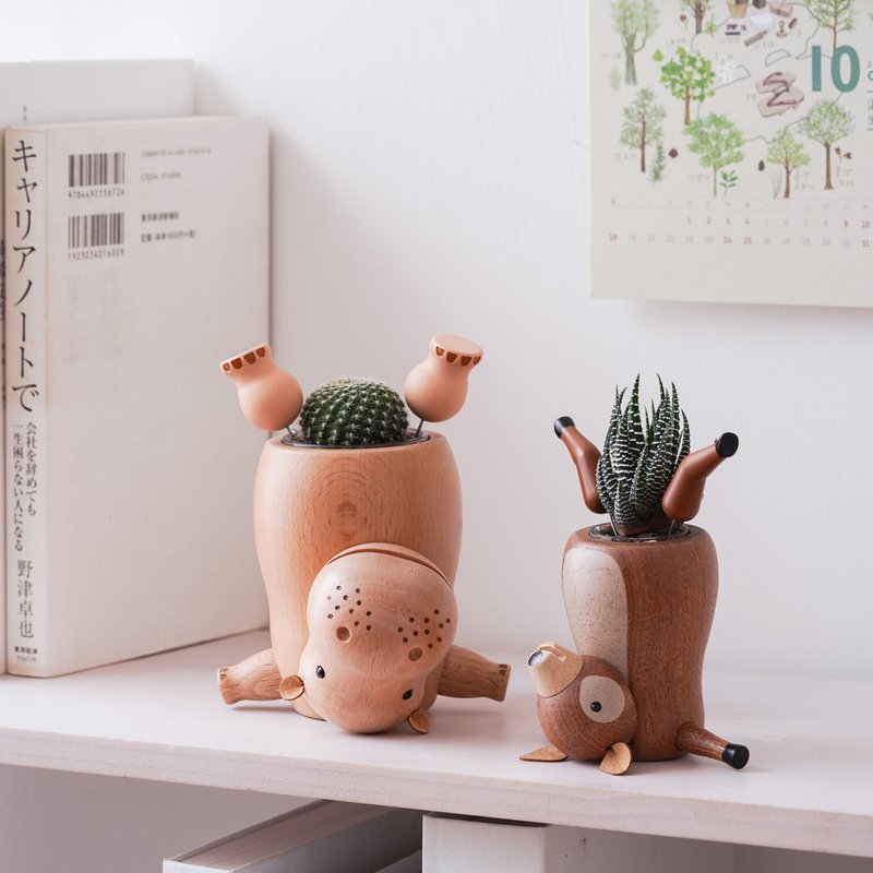 Wooden Plant Container Upside-down Hippopotamus/Deer | GREENFUL LIFE - Plants - Wood 