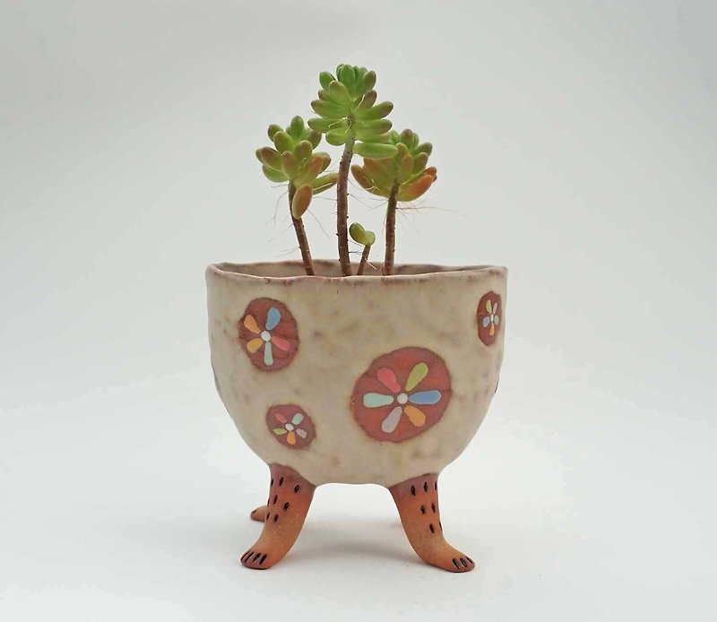4足の手作りの花の鉢、手作りの花 - 花瓶・植木鉢 - 陶器 多色