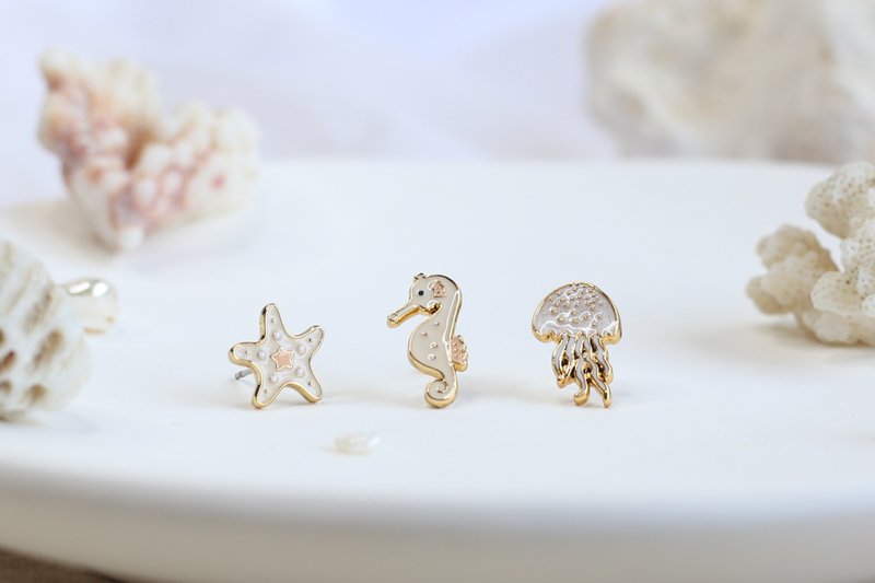 海星 水母 海馬 海洋生物 夾式耳環 手工飾品 生日禮物 紙盒包裝 - 耳環/耳夾/耳骨夾 - 琺瑯 多色
