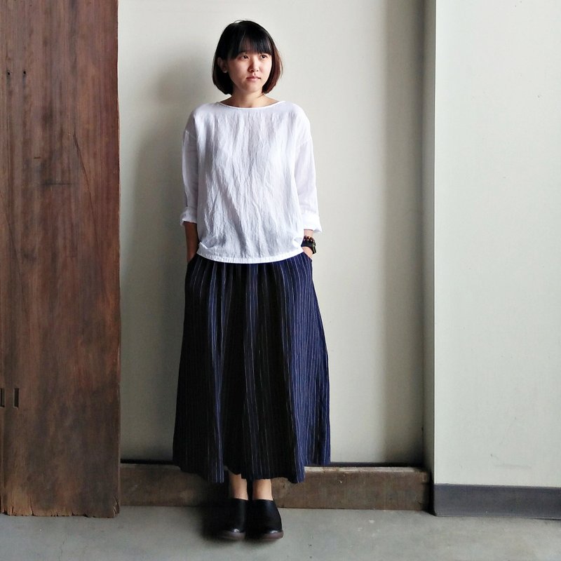 Diagonal Pocket Wide Pants Skirt Linen Dark Blue Stripes/Denim Blue Stripes - กางเกงขายาว - ผ้าฝ้าย/ผ้าลินิน หลากหลายสี