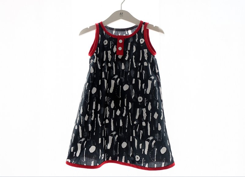 Black and White Red Sleeveless Dress || Children's Wear / Pure Cotton / Geometric Pattern Design / Limited Hand-made - ชุดเด็ก - ผ้าฝ้าย/ผ้าลินิน สีดำ