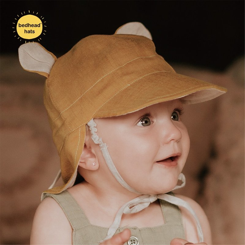 Bedhead linen series neck hat UPF50+ sun protection hat - teddy bear double-sided wearing children's hat - หมวกเด็ก - ผ้าฝ้าย/ผ้าลินิน 