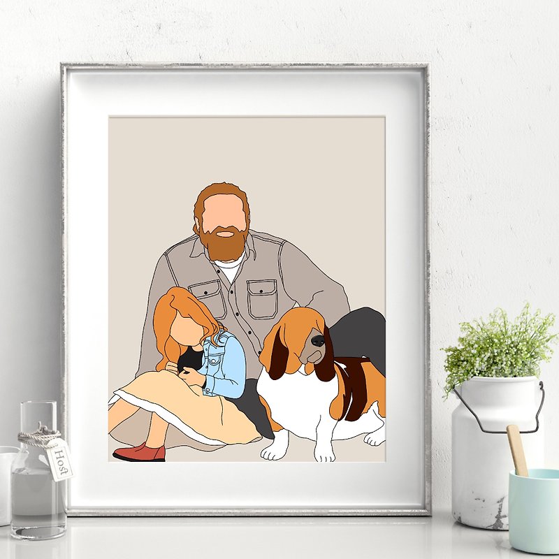 Personalized print family portrait with pet cat dog and family gift Illustration