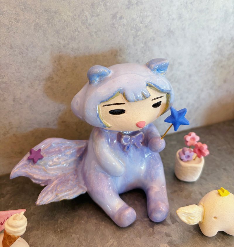 Qimii奇蜜星的小奇獸/互動式療癒陶偶/貓耳/小蜜 - 擺飾/家飾品 - 陶 藍色