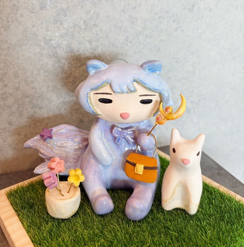 Qimii奇蜜星的小奇獸/互動式療癒陶偶/貓耳/小蜜 - 擺飾/家飾品 - 陶 藍色