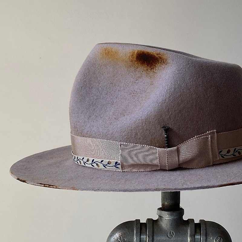 HYOKOU handmade gentleman hat-purple gray + anti-aging + double ribbon - หมวก - ขนแกะ สีเทา