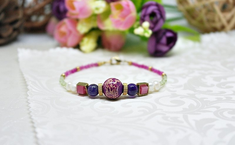 Natural stone bracelet _ x Bronze button peach purple storm ➪ limited X1 - Bracelets - Gemstone Red