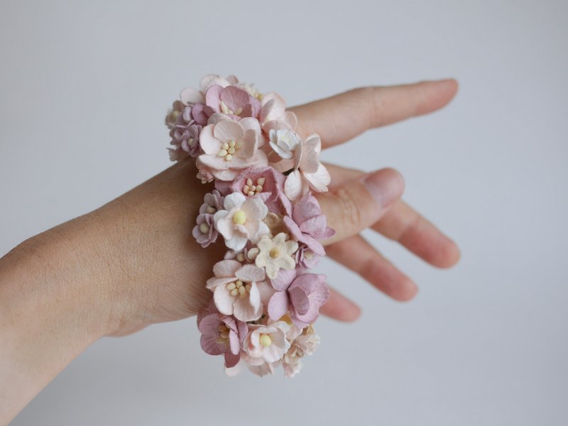 紙花，粉色胸花，婚禮，人造花，粉色與酒紅色調 - 手鍊/手鐲 - 紙 粉紅色
