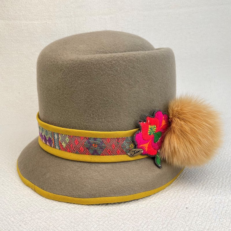 Karen band Miao embroidery rabbit fur pompom wool hat - Hats & Caps - Wool Multicolor