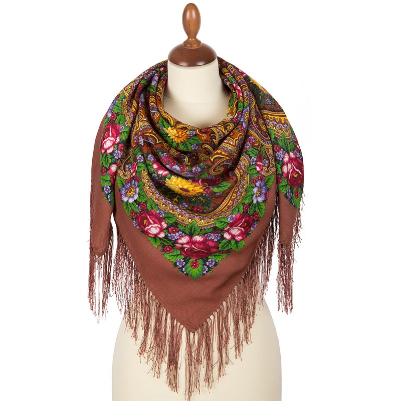 Original Pavlovo Posad Russian Shawl 100% Wool Woolen Scarf 110x110 cm 1877-16 - 絲巾 - 羊毛 咖啡色