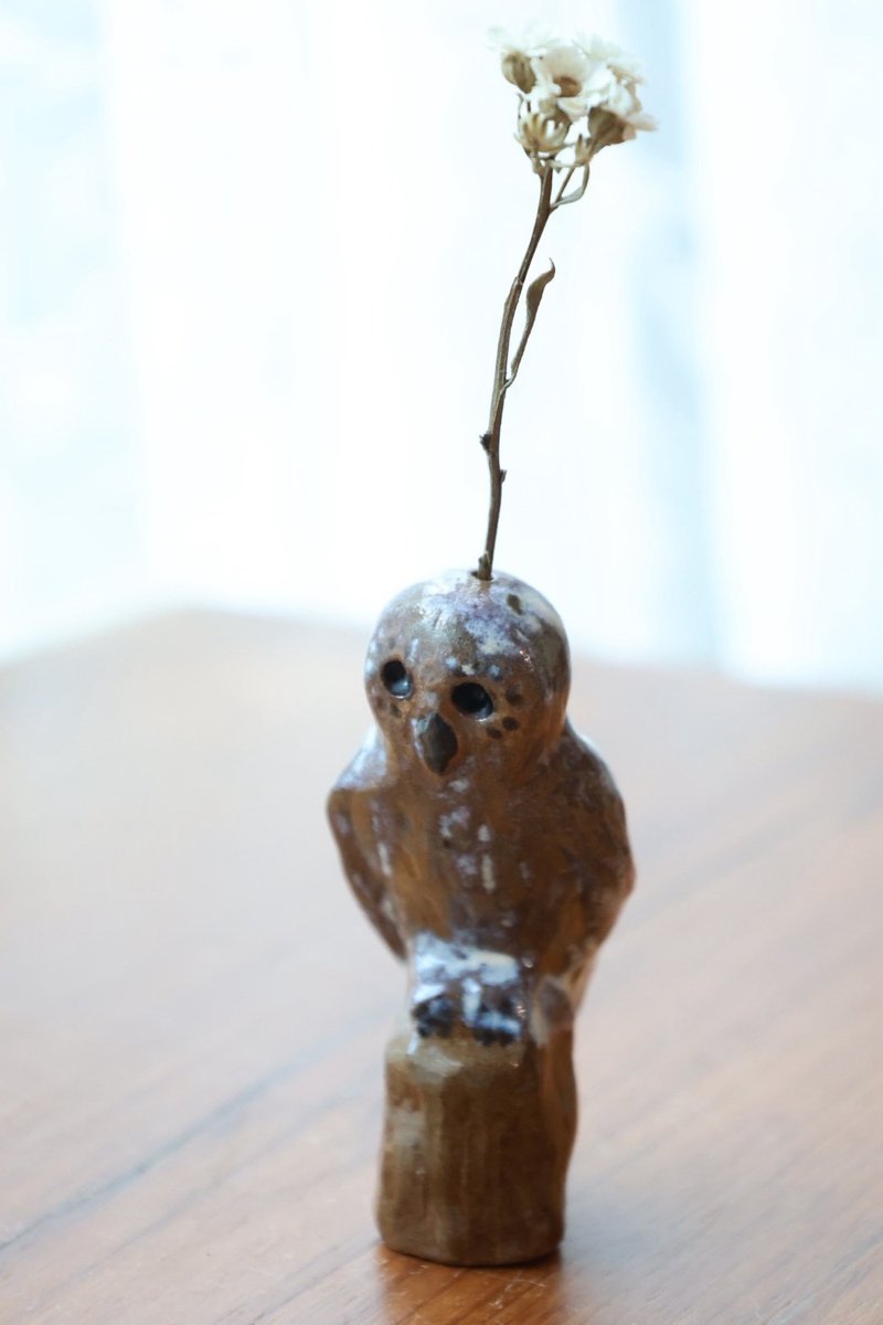 【聖誕節禮物】手捏陶 貓頭鷹小香座與侘寂風香插乾花座 - 擺飾/家飾品 - 瓷 咖啡色
