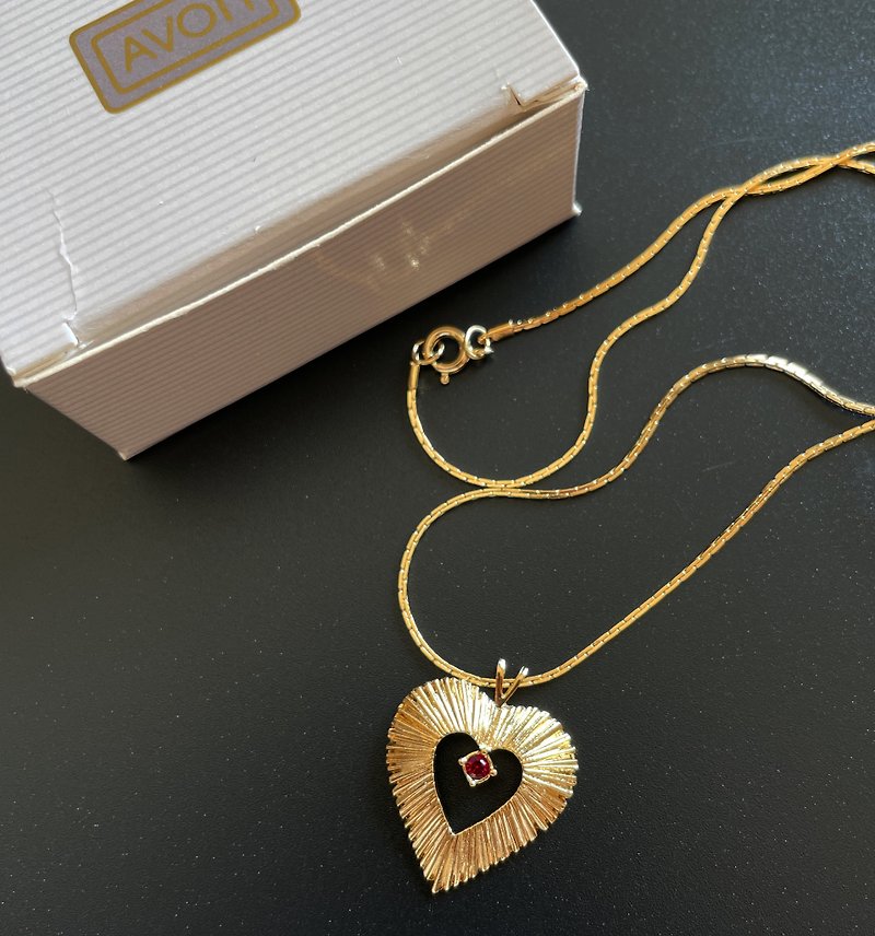 Gold and Silver Baby 1987 Avon Gold Red Stone Heart Necklace with Original Box 38