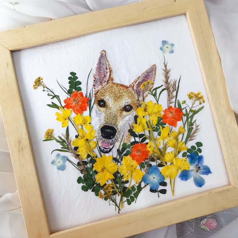 Customized gift/animal embroidery with pressed flower frame painting/frame square 23*23cm - กรอบรูป - งานปัก หลากหลายสี