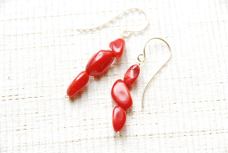 3 red coral earrings 14kgf - Earrings & Clip-ons - Semi-Precious Stones Red