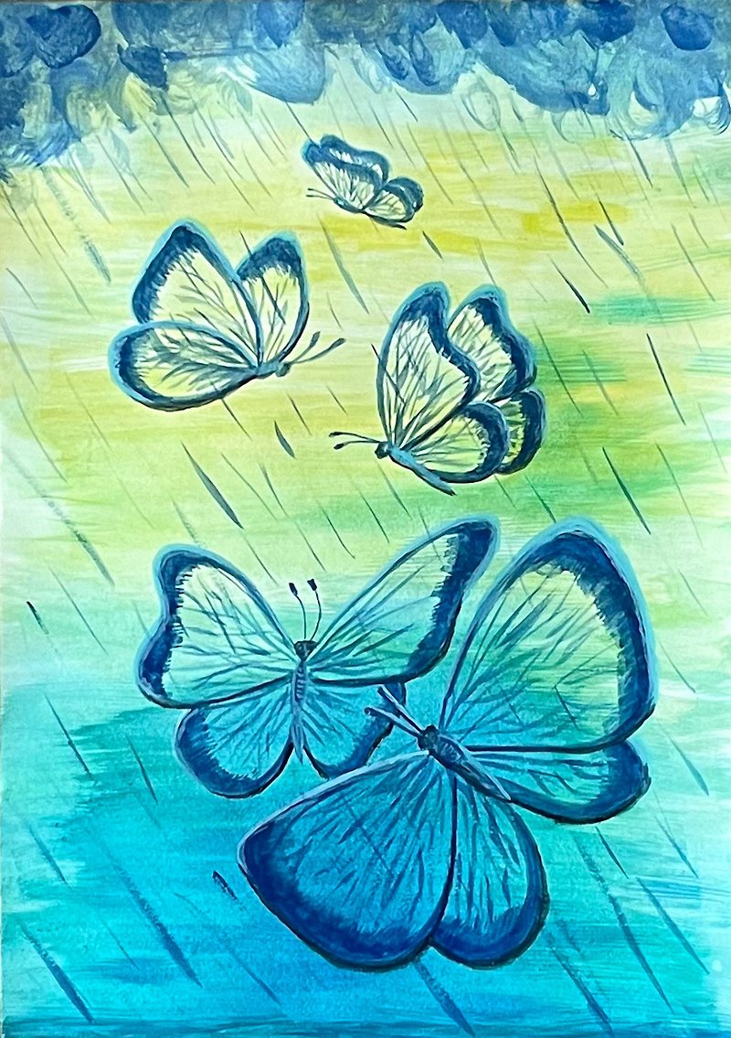 Transparent butterflies under a cheerful summer rain. Watercolor.
