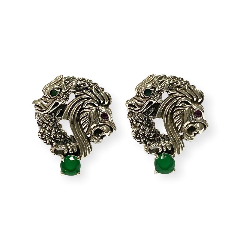 Lion Dragon with Emerald Stone Wedding Cufflinks For Groom 925 Sterling Silver
