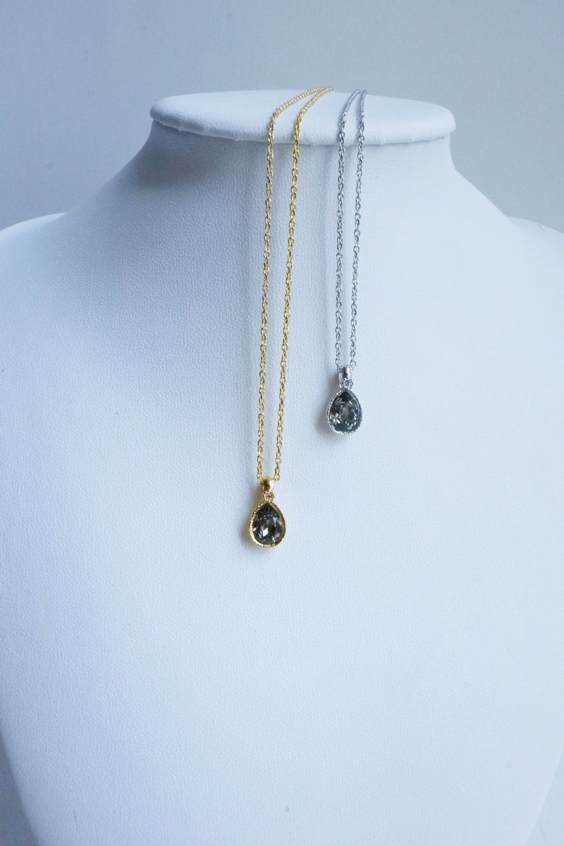 Swarovski 水滴型水鑽頸鏈 - 黑鑽石 - 項鍊 - 純銀 黑色