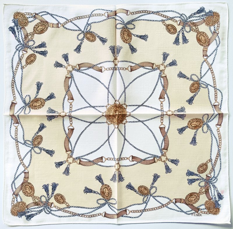 Fendi Vintage Scarf – Classic Rope, Tassel & Gold Medallions 20 x 19.5 inches - 手帕 - 棉．麻 金色