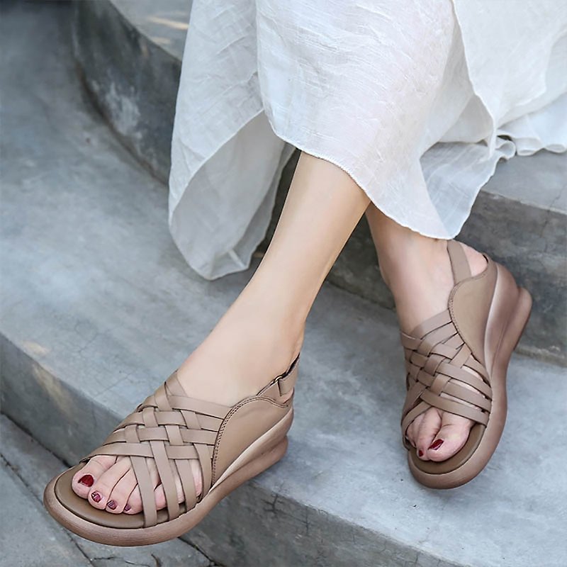 Summer simple sandals leather velcro thick bottom increased women's shoes - รองเท้ารัดส้น - หนังแท้ สีกากี