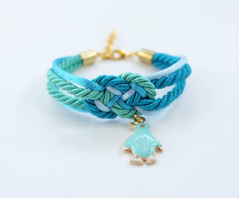 Ocean blue/Mint infinity knot rope bracelet with penguin charm - Bracelets - Other Materials Blue