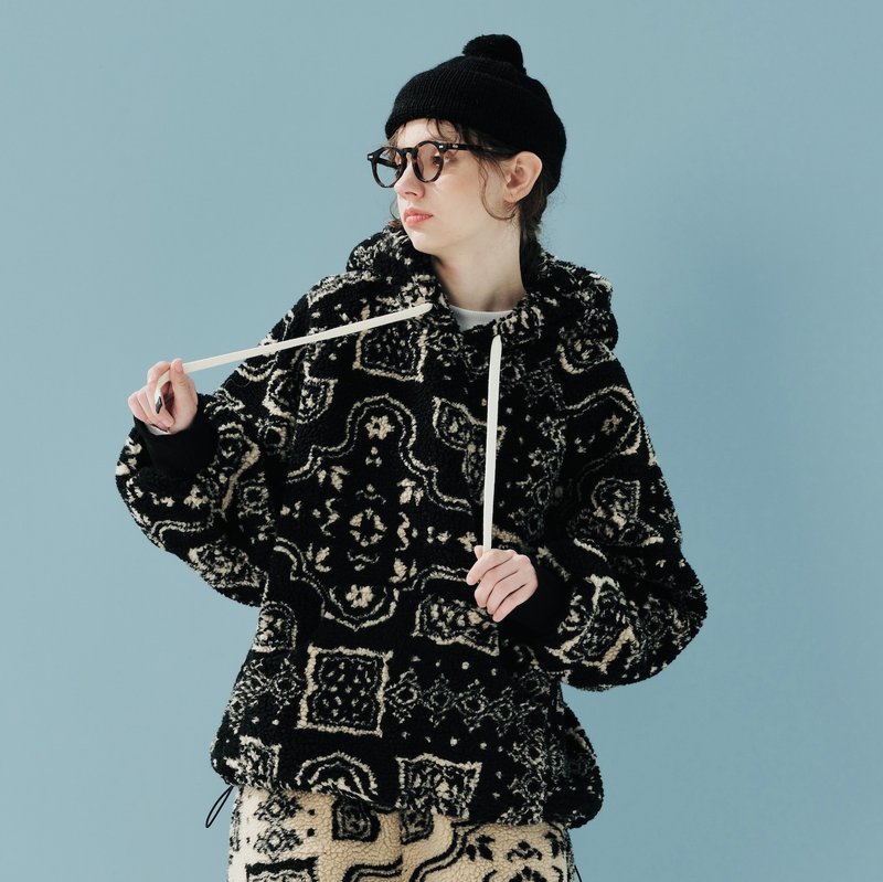 黑色古典印花羊羔絨冬季帽T / T-shrit - 帽T/大學T - 其他材質 黑色