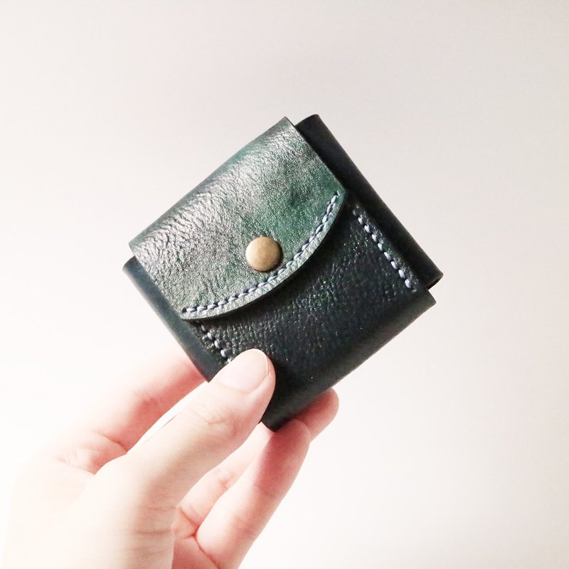 Special hand-dyed leather change small square box, storage box - pool bottom green - กระเป๋าใส่เหรียญ - หนังแท้ สีเขียว