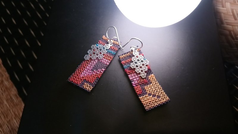 Silver mixed hand-stitched cotton fabric earrings - Earrings & Clip-ons - Other Metals Silver