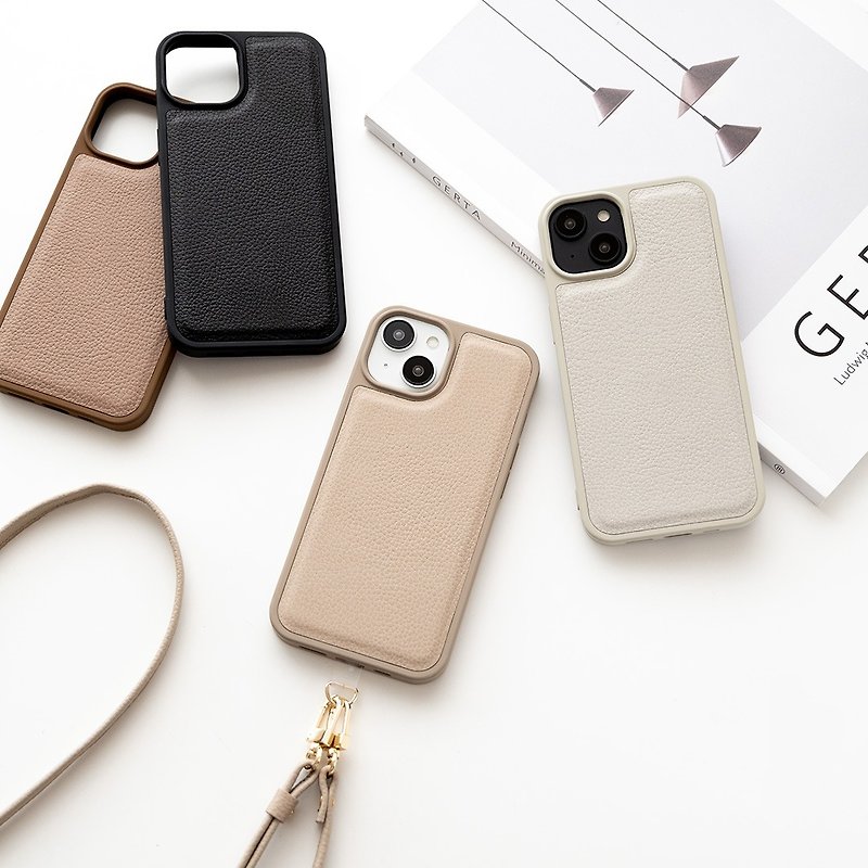 Color Rear Case [Shrink Leather] Genuine Leather iPhone Smartphone Case Smartphone Shoulder Dull Color JS14K - Phone Cases - Genuine Leather Brown