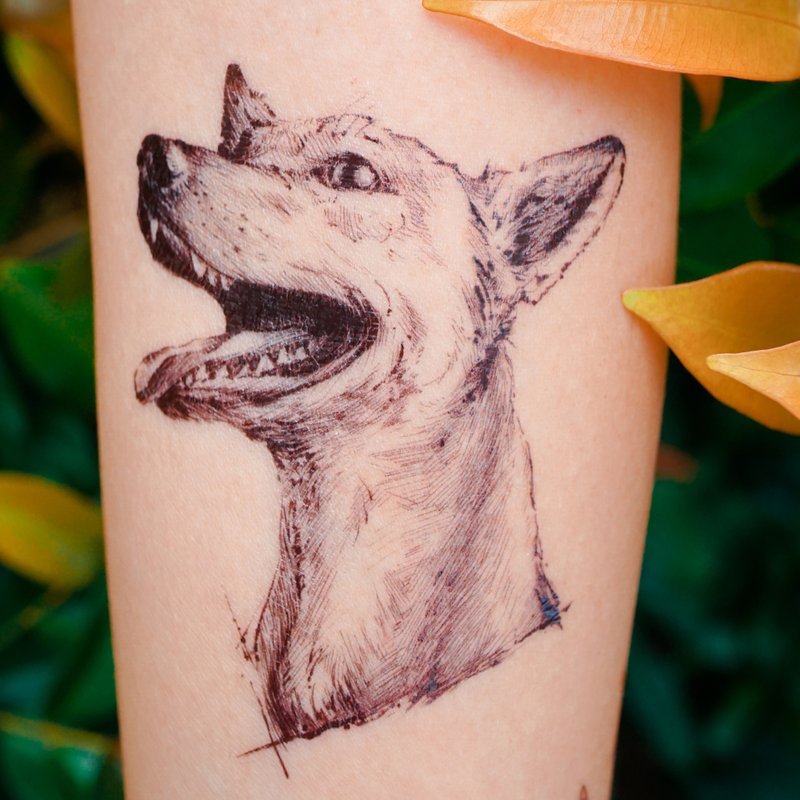唐狗混種犬寵物動物 手繪插畫紋身貼紙 紋身師刺青設計 台灣製造 - 紋身貼紙/刺青貼紙 - 紙 黑色