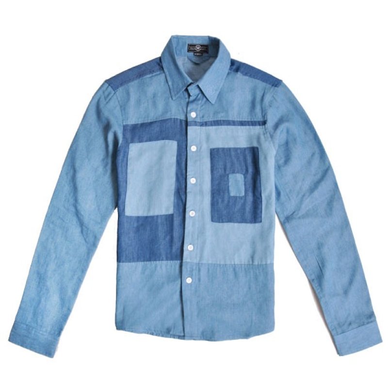 幾何剪裁拼接長袖襯衫-牛仔藍 - 男裝 恤衫 - 棉．麻 藍色