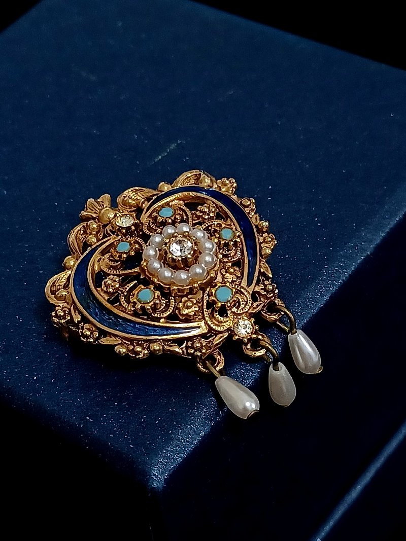 vintage jewelry antique Florenza Victorian blue enamel pin - เข็มกลัด - โลหะ 