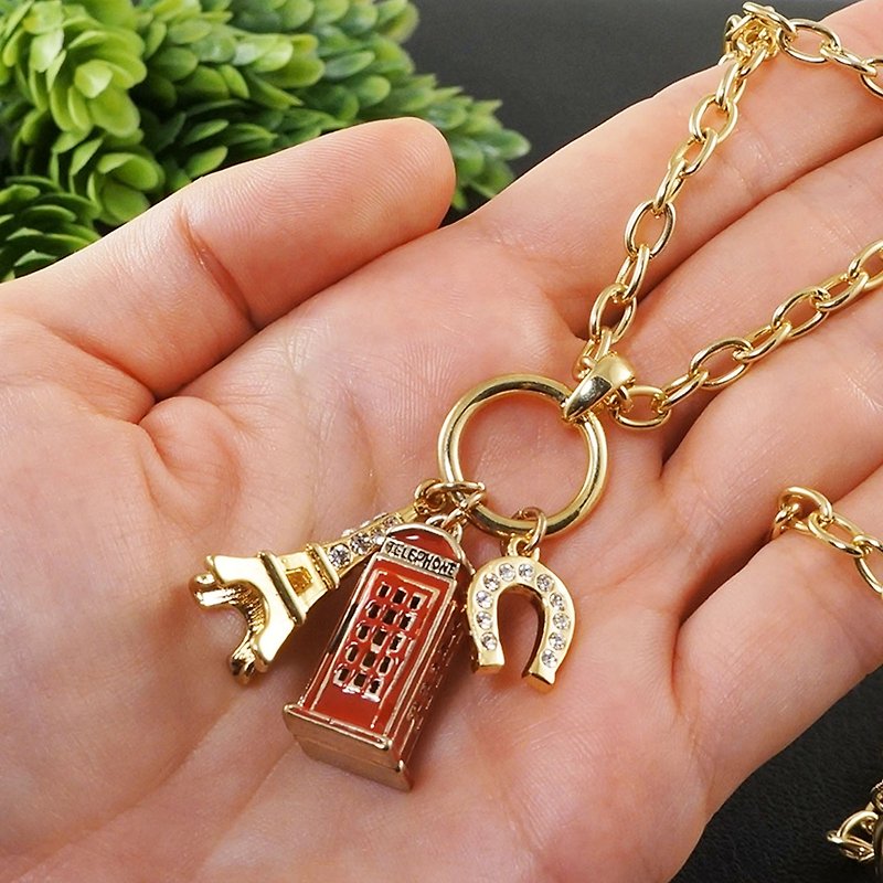 London Red Telephone Box Golden Paris Eiffel Tower Pendant Necklace Jewelry Gift - 項鍊 - 其他金屬 紅色
