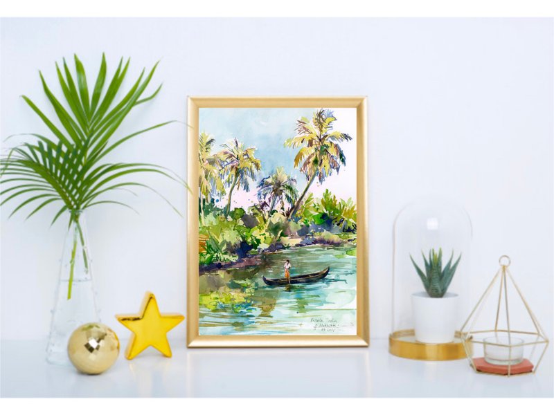 Kerala backwaters original painting Indian art watercolor by AnaMuStudio - Wall Décor - Paper Green