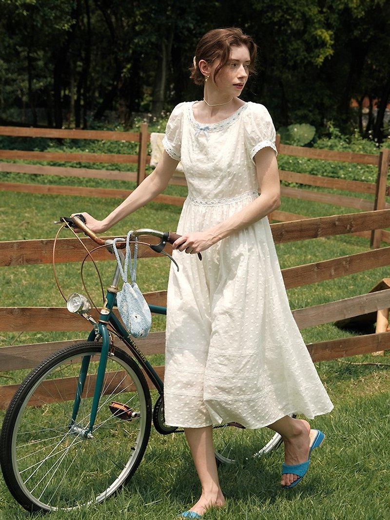 Mintcheese European classical morning gown with polka dot lace cotton dress - ชุดเดรส - ผ้าฝ้าย/ผ้าลินิน ขาว