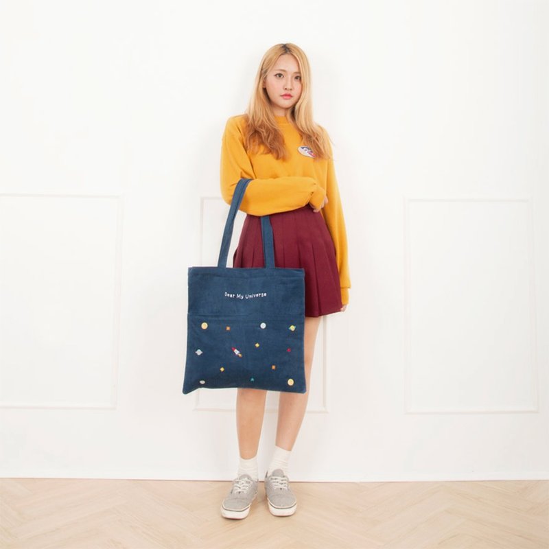 Dear My Universe corduroy double pocket universe bags - Navy - Messenger Bags & Sling Bags - Cotton & Hemp Blue