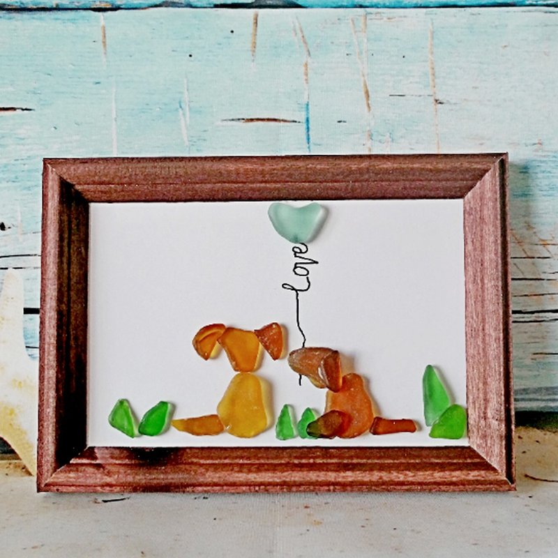 Dog Sea Glass Art/Dog gift/Dog Art Gifts for her/Dog couple/Pet lover Frame Art - 壁貼/牆壁裝飾 - 玻璃 咖啡色