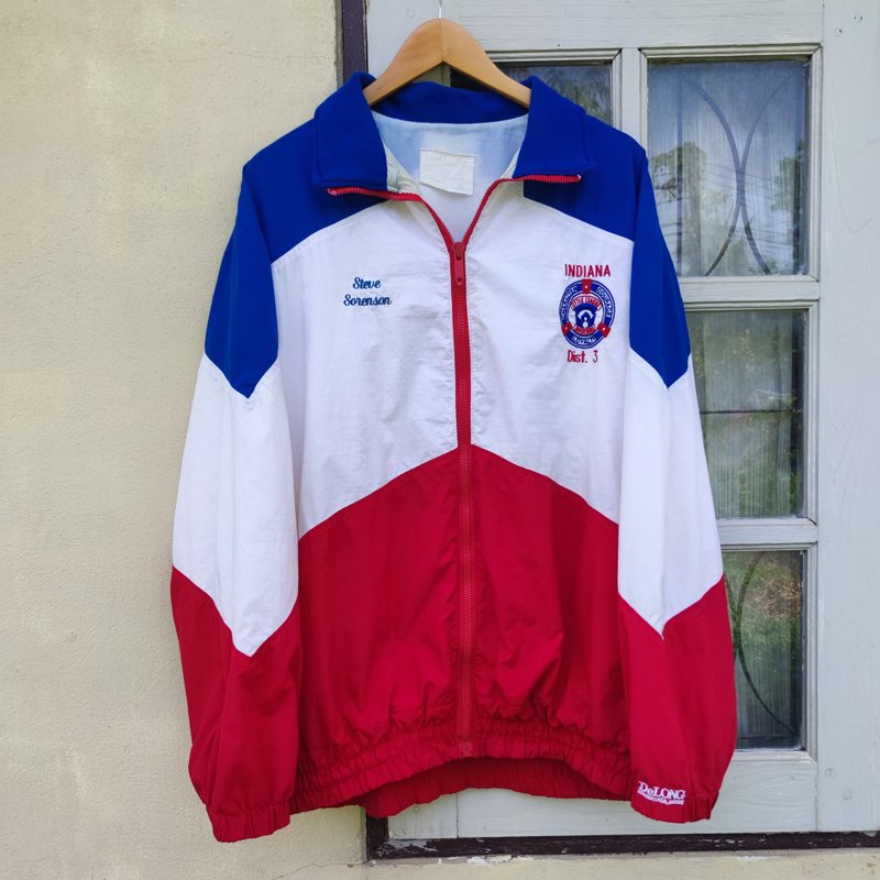 Vintage 80s Delong Indiana District 3 Little League Baseball Windbreaker jacket - เสื้อโค้ทผู้ชาย - เส้นใยสังเคราะห์ หลากหลายสี