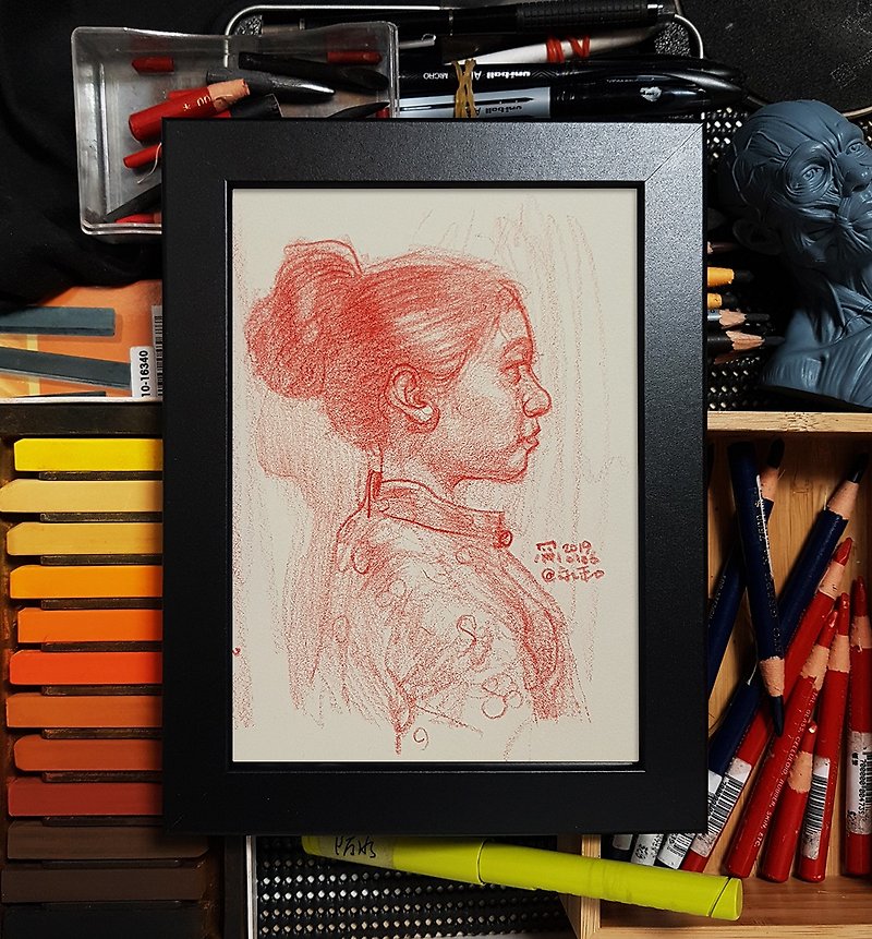 Single person crayon sketch style portrait - ภาพวาดบุคคล - กระดาษ สีแดง
