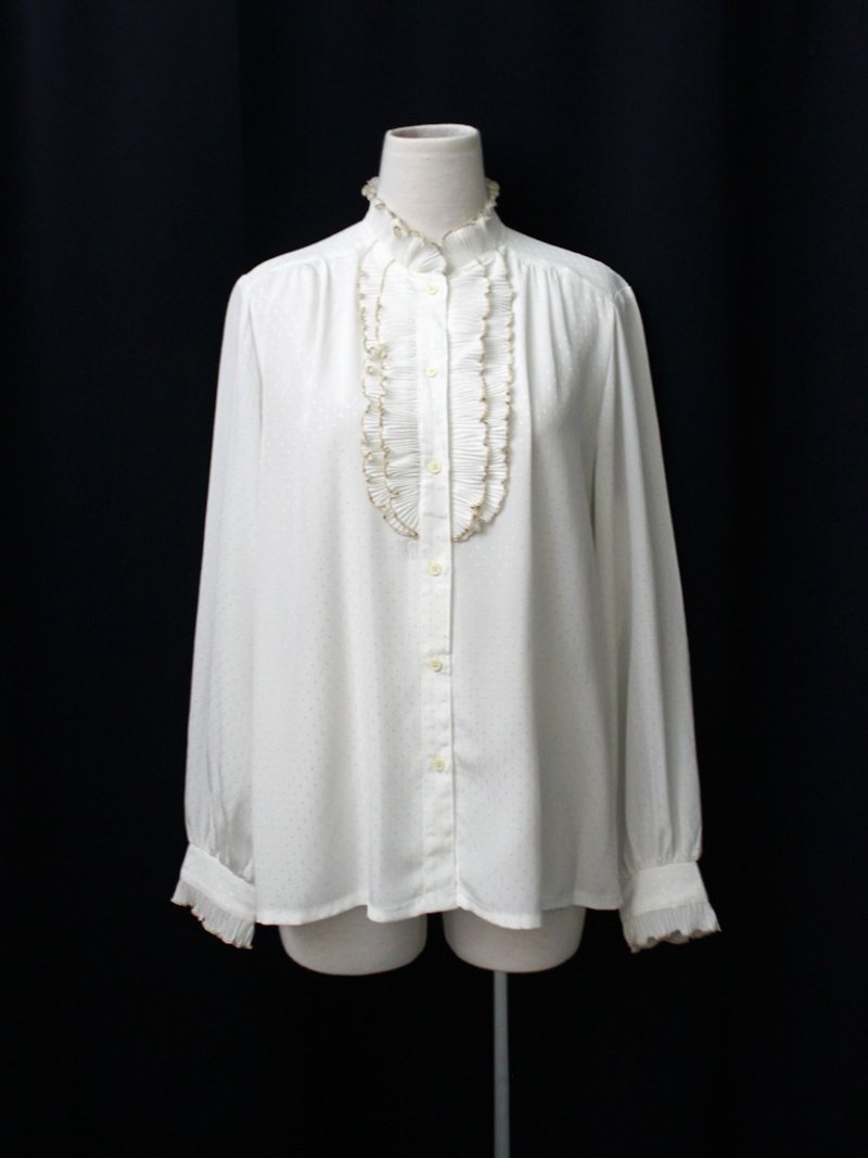 [RE0407T1955] Nippon vintage French elegant gold trim white collar vintage shirt - เสื้อเชิ้ตผู้หญิง - เส้นใยสังเคราะห์ ขาว
