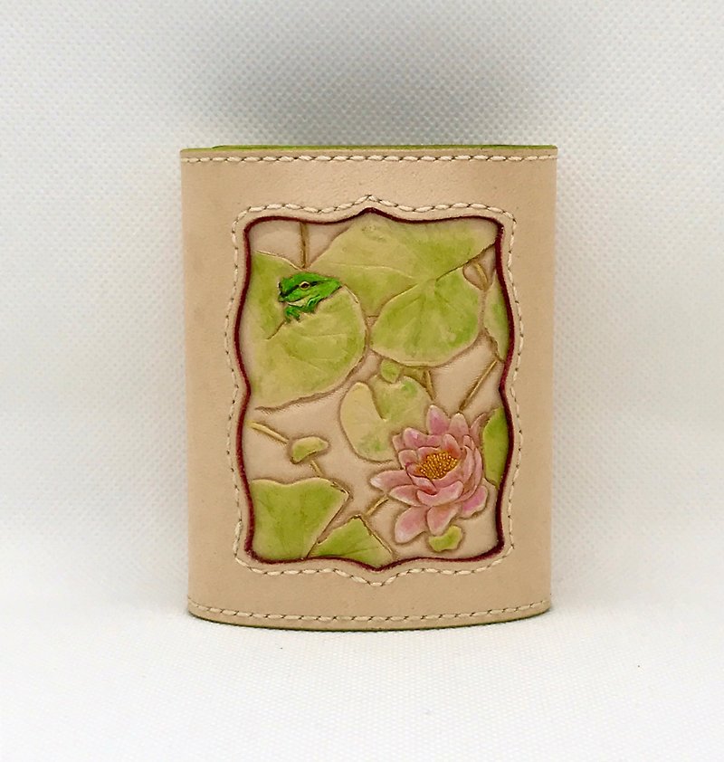 Leather key case Card case Aoi and lotus - ที่ห้อยกุญแจ - หนังแท้ สีเขียว