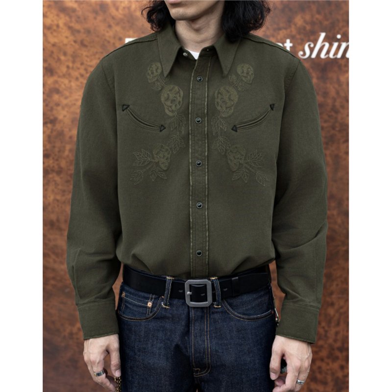 復古刺繡襯衫 音樂家襯衫 西部襯衫 純棉Embroidered Weste Shirt - 男襯衫/休閒襯衫 - 棉．麻 綠色