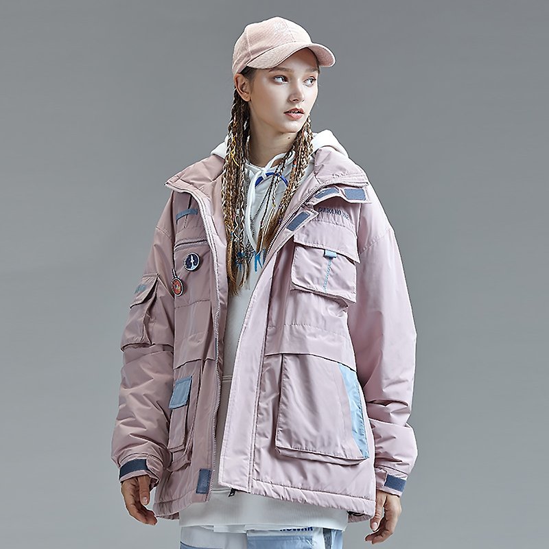 Pink neutral embroidery more cotton-padded jacket coat pocket - เสื้อแจ็คเก็ต - วัสดุอื่นๆ สึชมพู