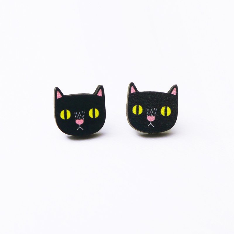 Black Cat 黑貓木製耳環 原創插畫耳環 耳針無耳洞耳夾 - 耳環/耳夾/耳骨夾 - 木頭 黑色