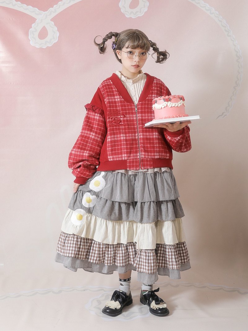 Meugler牛稠島【一緒晚飯】美乃滋東京塔 紅格羊毛呢刺繡短外套 - 女大衣/外套 - 棉．麻 紅色
