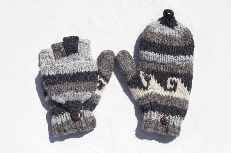 Christmas gift ideas gift exchange gift limited a hand-woven pure wool knit gloves / detachable gloves / bristle gloves / warm gloves (made in nepal) - coffee latte wave totem - Gloves & Mittens - Wool Gray