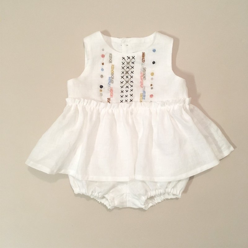 リネン刺繍セットアップ　ピュアホワイト - 出産祝い用贈物 - コットン・麻 ホワイト
