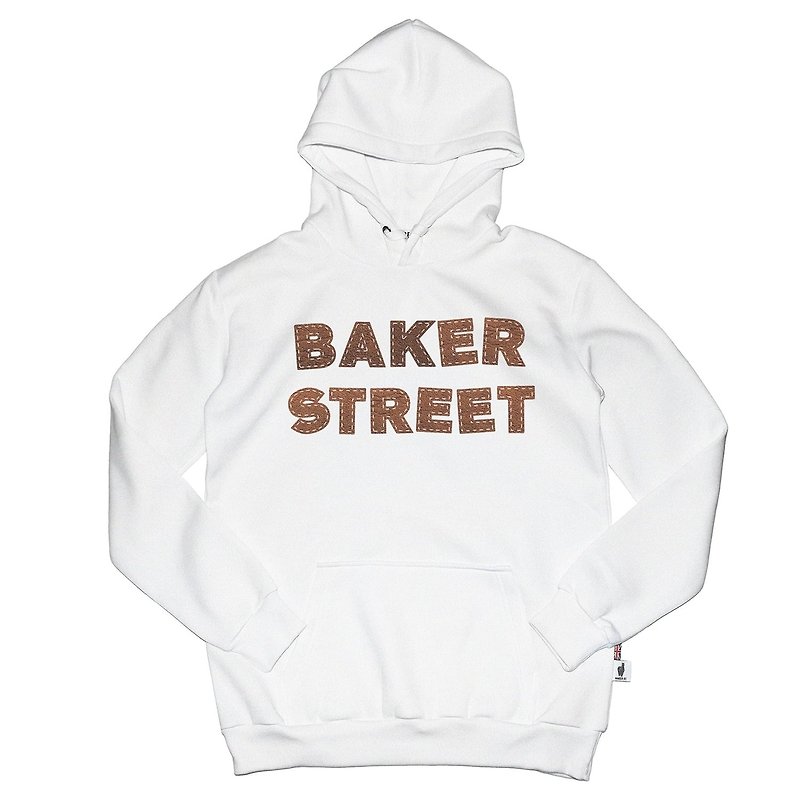 【英國Baker Street 貝克街】中性款 - 純棉帽T - 皮革文字 - 中性衛衣/T 恤 - 棉．麻 白色