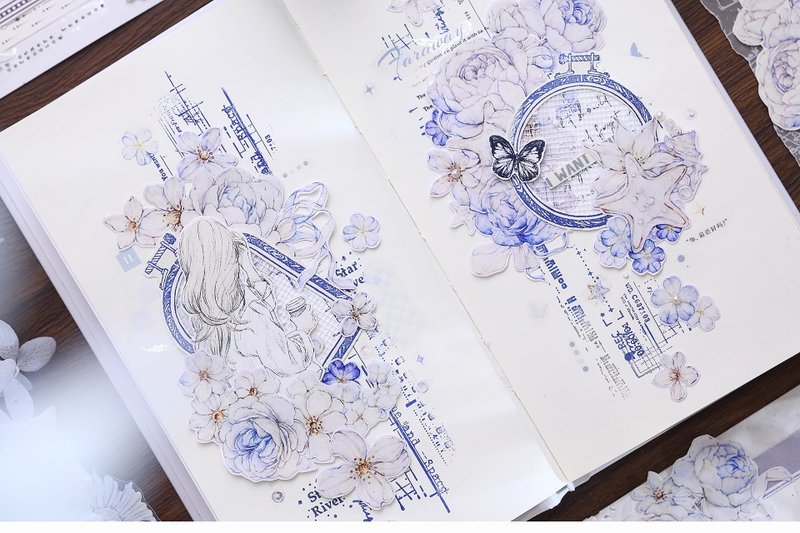 Painted blue light retro blue and white rose rose and paper tape PET handbook collage - มาสกิ้งเทป - วัสดุอื่นๆ หลากหลายสี