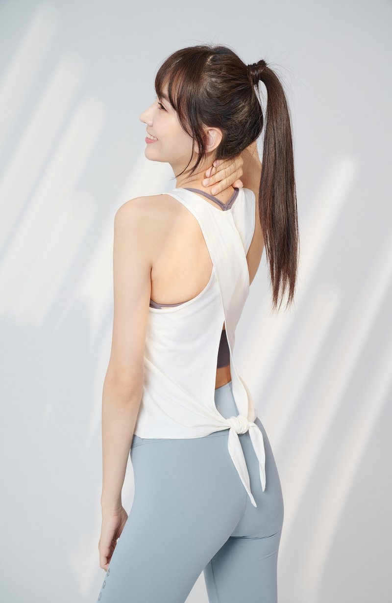 【Yoga Flow】Back Twine Shirt-White - Women's Yoga Apparel - Polyester 